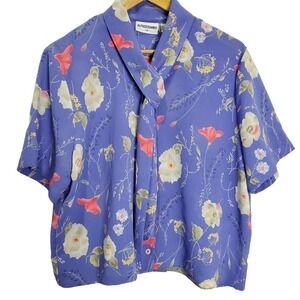 Vintage Alfred Dunner Blouse Womens 14 90s Purple Button Tie Floral Collar Retro